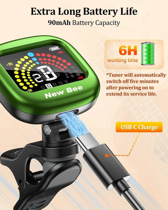 Alt view image 6 of 7 - Guitar Tuner Rechargeable, Color Screen Clip On Tuner (Green, 1 Pack)