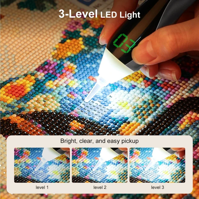 Alt view image 3 of 7 - Diamond Art Kits for Adults, Electric Diamond Art Pens with Light, 3 Suction & 3 Brightness Levels, Wireless & Rechargeable Diamond Painting Pen, LED Display, Vacuum, Quiet, Ergonomic (Silver)