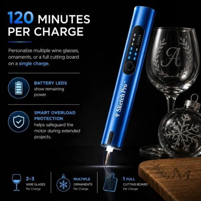 Alt view image 2 of 7 - SketchPro Cordless Engraving Pen with LED Light 3-Speed Precision Etching Tool for Wood, Metal, Glass & Plastic USB-C Rechargeable, 26 Accessories Ideal for DIY, Jewelry & Craft Projects