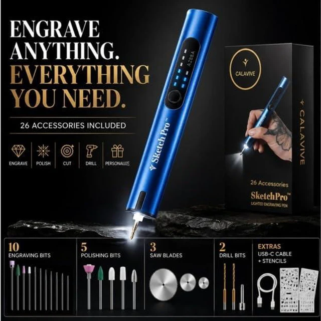 Alt view image 5 of 7 - SketchPro Cordless Engraving Pen with LED Light 3-Speed Precision Etching Tool for Wood, Metal, Glass & Plastic USB-C Rechargeable, 26 Accessories Ideal for DIY, Jewelry & Craft Projects