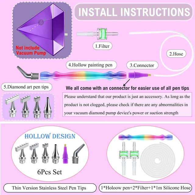 Alt view image 5 of 7 - Replacement Kit for Vacuum Diamond Painting Pens, E-Painter Replacement Pen + 2 Filters + Steel Screw 1/2/4/6/Elbow Multiplacers + 1m Silicone Tube fits Most Electric Diamond Art Pen (Colorful-4/6)