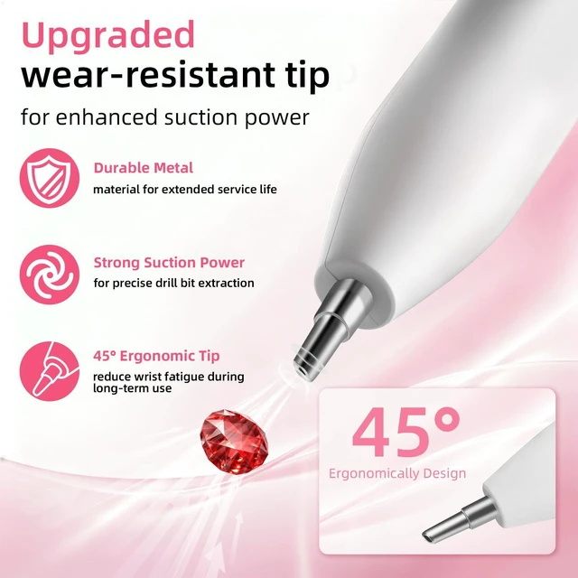 Alt view image 3 of 7 - Electric Diamond Art Vacuum Pen with 45° Ergonomic Metal Tip | Cordless USB-C Rechargeable Diamond Art Tool, No Wax, Low Noise, Strong Suction, Diamond Art Accessories for Adults