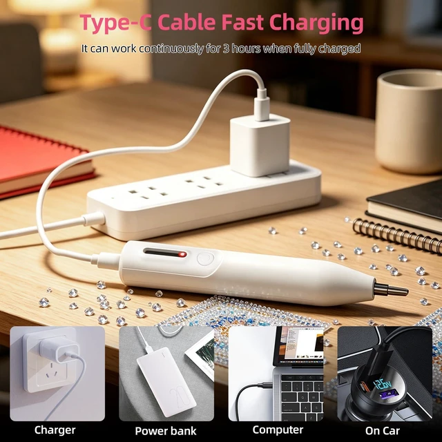Alt view image 5 of 7 - Electric Diamond Art Vacuum Pen with 45° Ergonomic Metal Tip | Cordless USB-C Rechargeable Diamond Art Tool, No Wax, Low Noise, Strong Suction, Diamond Art Accessories for Adults