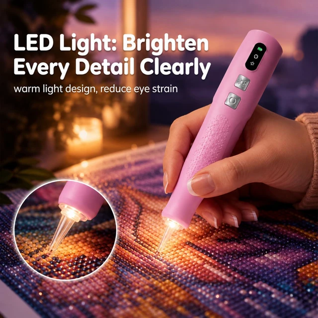 Alt view image 3 of 6 - Electric Diamond Art Pen with Light, Cordless Electric Diamond Painting Pen, 2 Adjustable Suction Levels, Rechargeable Vacuum Tool with Ergonomic Grip, Low Noise, No Wax Needed (Pink)