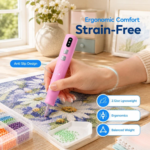 Alt view image 4 of 6 - Electric Diamond Art Pen with Light, Cordless Electric Diamond Painting Pen, 2 Adjustable Suction Levels, Rechargeable Vacuum Tool with Ergonomic Grip, Low Noise, No Wax Needed (Pink)