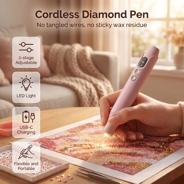 Alt view image 2 of 7 - Electric Diamond Painting Pen with Light, Electric Diamond Art Pen, 2 Adjustable Suction Levels, Cordless & Quiet, No Wax Needed, Rechargeable Vacuum Diamond Art Pen with Ergonomic Grip - Pink