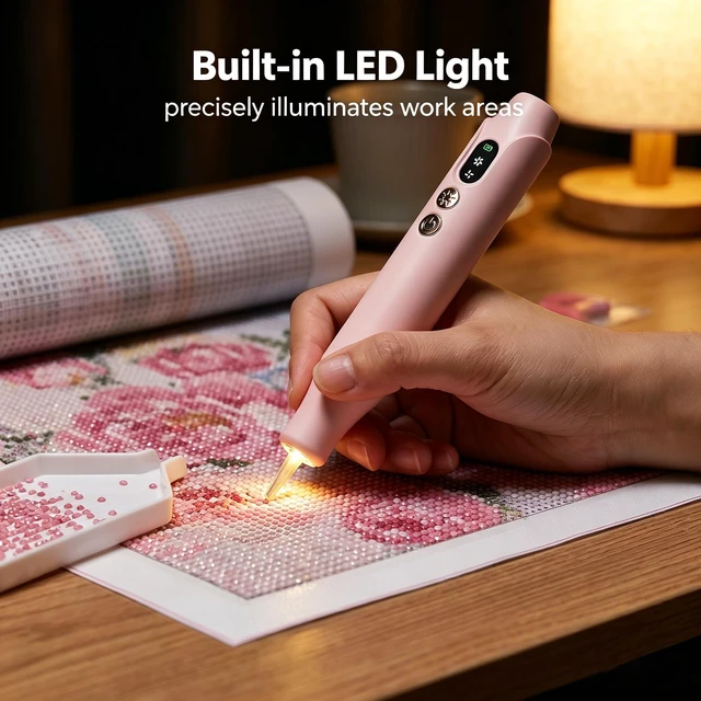 Alt view image 3 of 7 - Electric Diamond Painting Pen with Light, Electric Diamond Art Pen, 2 Adjustable Suction Levels, Cordless & Quiet, No Wax Needed, Rechargeable Vacuum Diamond Art Pen with Ergonomic Grip - Pink
