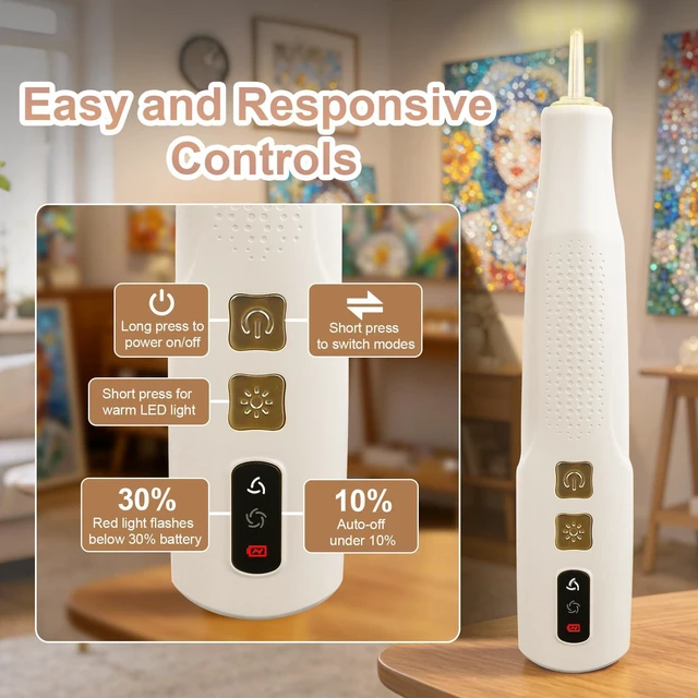 Alt view image 2 of 7 - Electric Diamond Art Pen with Light, Diamond Art Tools for Adults,Off-white | Wax-free Vacuum Suction, 2 Adjustable Speed Levels, Rechargeable, Ergonomic Lightweight Design for Diamond Painting & DIY