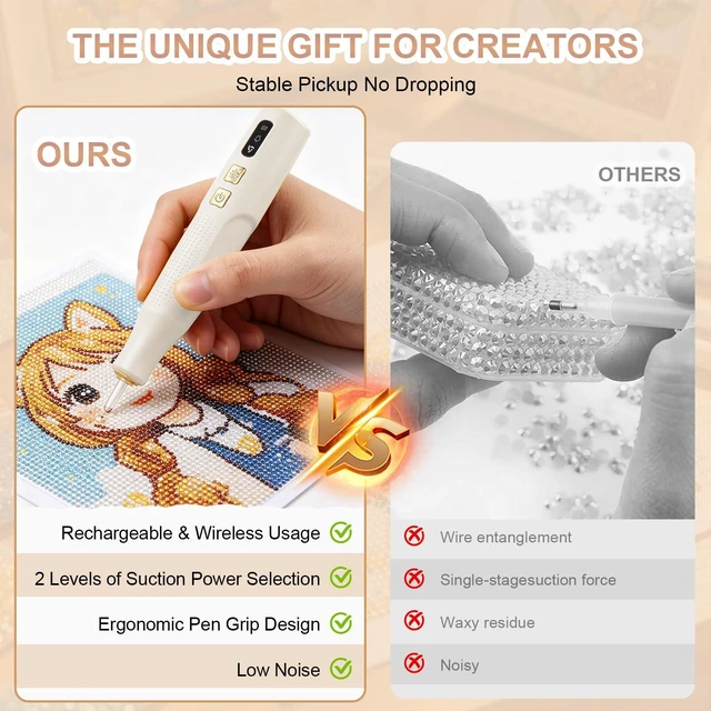 Alt view image 7 of 7 - Electric Diamond Art Pen with Light, Diamond Art Tools for Adults,Off-white | Wax-free Vacuum Suction, 2 Adjustable Speed Levels, Rechargeable, Ergonomic Lightweight Design for Diamond Painting & DIY