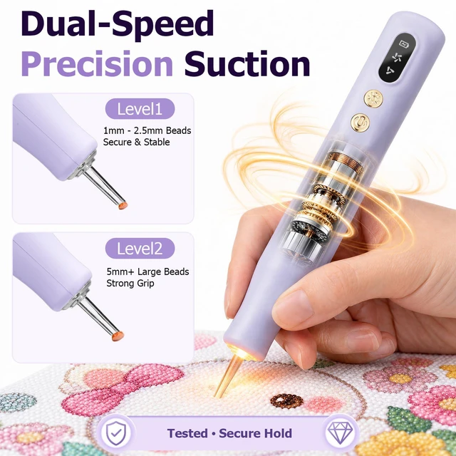 Alt view image 2 of 7 - Electric Diamond Painting Pen with Light, Rechargeable Cordless Vacuum Diamond Art Pen with 2-Speed Suction, Diamond Art Tools Ergonomic Grip for Adults Kids (Purple)