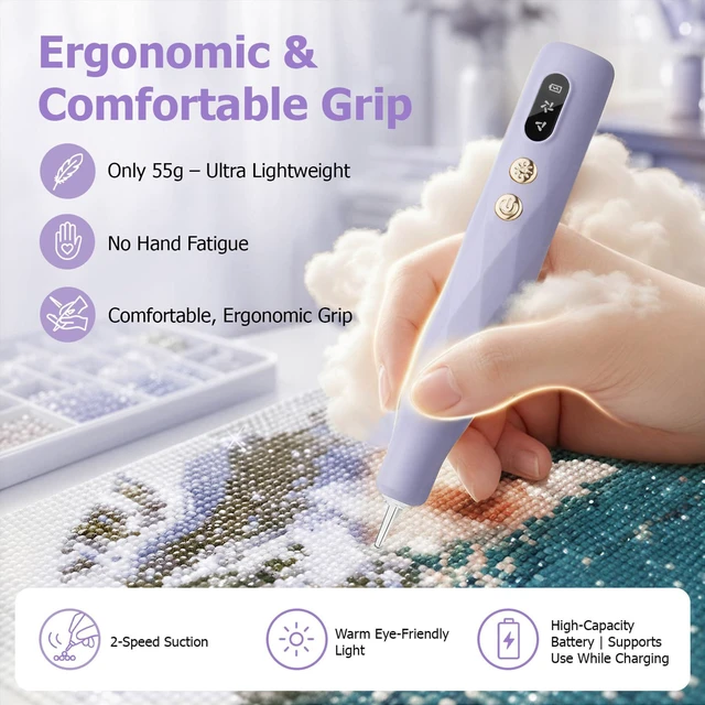 Alt view image 5 of 7 - Electric Diamond Painting Pen with Light, Rechargeable Cordless Vacuum Diamond Art Pen with 2-Speed Suction, Diamond Art Tools Ergonomic Grip for Adults Kids (Purple)