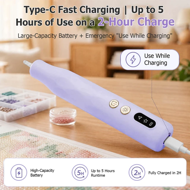 Alt view image 6 of 7 - Electric Diamond Painting Pen with Light, Rechargeable Cordless Vacuum Diamond Art Pen with 2-Speed Suction, Diamond Art Tools Ergonomic Grip for Adults Kids (Purple)