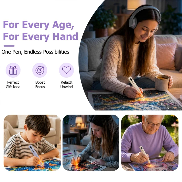 Alt view image 7 of 7 - Electric Diamond Painting Pen with Light, Rechargeable Cordless Vacuum Diamond Art Pen with 2-Speed Suction, Diamond Art Tools Ergonomic Grip for Adults Kids (Purple)