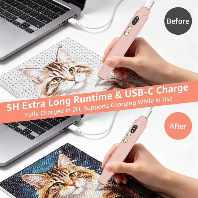 Alt view image 5 of 7 - Electric Diamond Painting Pen with LED Lights,Diamond Art Pens for Painting Diamond Art Tools,Cordless,LED Lights,Low Noise,USB-C Rechargeable,2 Speed,8000RPM,800Amh Battery,No Wax Need,Ergonomic Grip