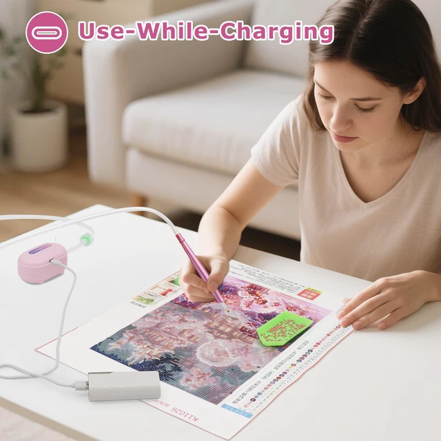 Alt view image 6 of 7 - Electric Diamond Painting Pen, UltraQuiet 40dB, 1.5m Silicone Hose, 3Speed Adjustable Suction, USBC Fast Charge + UseWhileCharging, Aluminum Body (Pink)