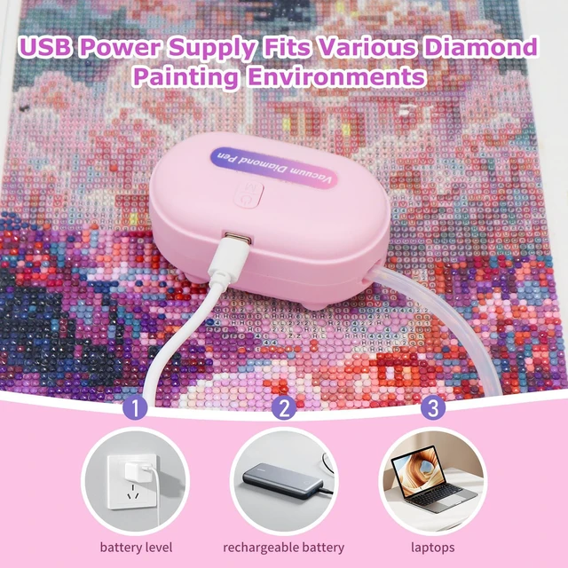 Alt view image 7 of 7 - Electric Diamond Painting Pen, UltraQuiet 40dB, 1.5m Silicone Hose, 3Speed Adjustable Suction, USBC Fast Charge + UseWhileCharging, Aluminum Body (Pink)