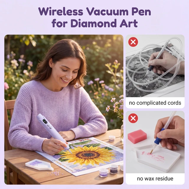 Alt view image 2 of 7 - Electric Diamond Painting Pen with Light, Vacuum Pen for Diamond Art Kit | Cordless, 2 Adjustable Suction Levels, Rechargeable, Vacuum Diamond Art Pen with Ergonomic Grip, Quiet, No Wax NeededPurpe