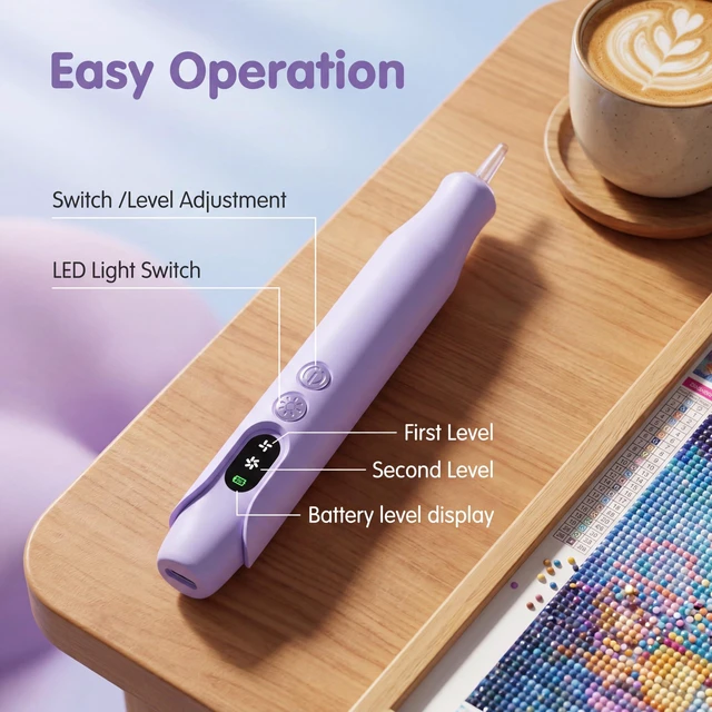 Alt view image 7 of 7 - Electric Diamond Painting Pen with Light, Vacuum Pen for Diamond Art Kit | Cordless, 2 Adjustable Suction Levels, Rechargeable, Vacuum Diamond Art Pen with Ergonomic Grip, Quiet, No Wax NeededPurpe