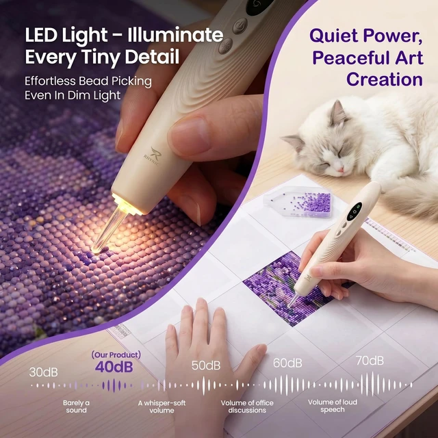 Alt view image 4 of 7 - Electric Diamond Art Pens with Light, Diamond Art Kits for Adults, Wireless & Rechargeable Diamond Painting Pen, 2 Suction Levels, Ergonomic Grip, Quiet Diamond Painting Accessories and Tools
