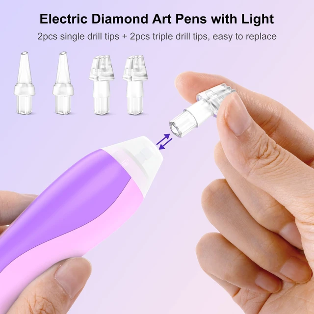 Alt view image 7 of 7 - Electric Diamond Art Pen with Light, Diamond Art Tools for Adults, Violet | No Wax Needed,Cordless&Rechargeable,3 Brightness Levels,Ergonomic,Extra Single&Triple Tips,Low Noise Vacuum Diamond Art Pen