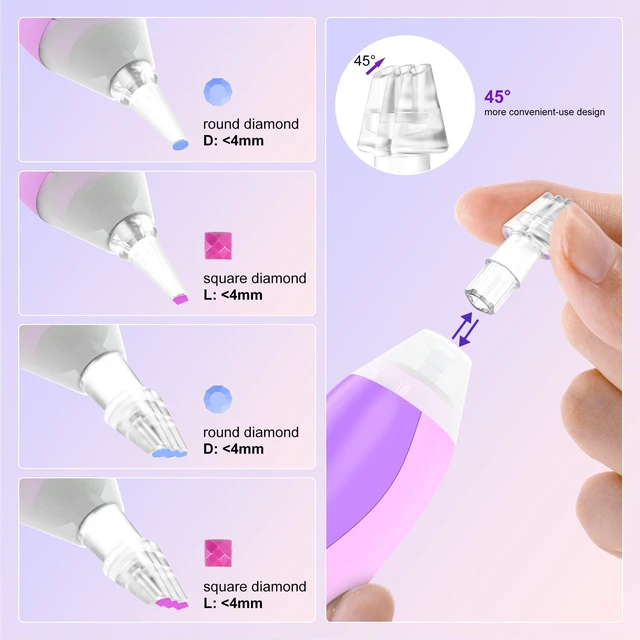 Alt view image 6 of 7 - Electric Diamond Art Pen with Light, Diamond Art Tools for Adults, Violet | No Wax Needed,Cordless&Rechargeable,3 Brightness Levels,Ergonomic,Extra Single&Triple Tips,Low Noise Vacuum Diamond Art Pen