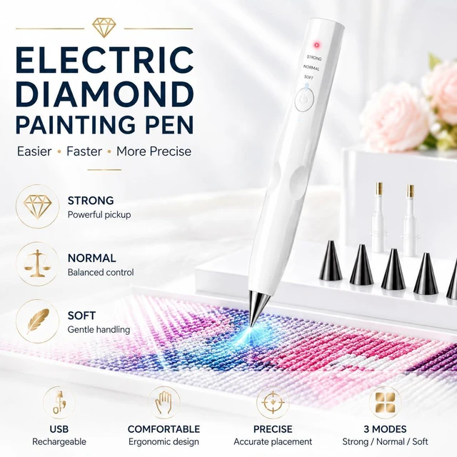 Alt view image 5 of 7 - Electric Diamond Painting Pen Kit, Cordless USB-C Rechargeable Vacuum Pen for Diamond Art, No Wax Rhinestone Picker with 3 Suction Levels, Interchangeable Tips, Low Noise DIY Craft Tool (white)