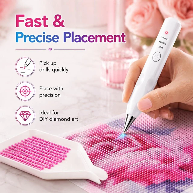 Alt view image 4 of 7 - Electric Diamond Painting Pen Kit, Cordless USB-C Rechargeable Vacuum Pen for Diamond Art, No Wax Rhinestone Picker with 3 Suction Levels, Interchangeable Tips, Low Noise DIY Craft Tool (white)