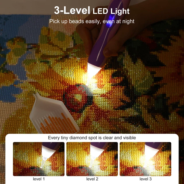 Alt view image 3 of 7 - Electric Diamond Art Pen with Light, Diamond Art Tools for Adults, Purple No Wax Needed, Cordless, Rechargeable, 3 Brightness Levels, Ergonomic Grip&Extra Drill, Low Noise Vacuum Diamond Painting Pen