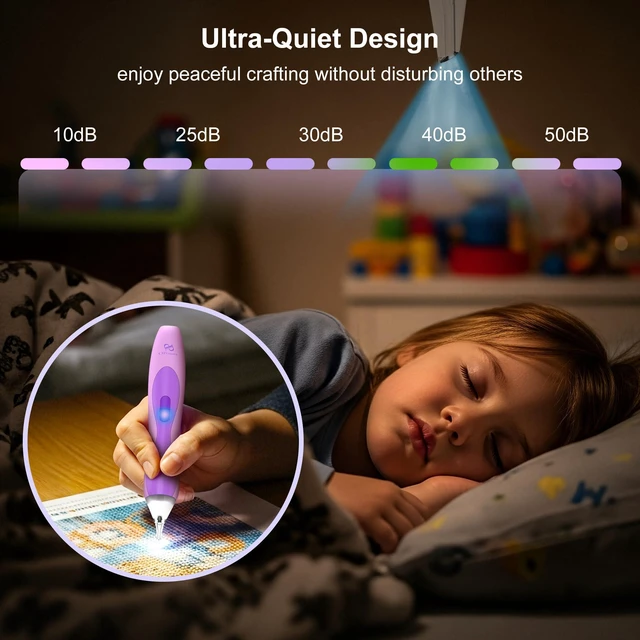 Alt view image 4 of 7 - Electric Diamond Art Pen with Light, Diamond Art Tools for Adults, Purple No Wax Needed, Cordless, Rechargeable, 3 Brightness Levels, Ergonomic Grip&Extra Drill, Low Noise Vacuum Diamond Painting Pen