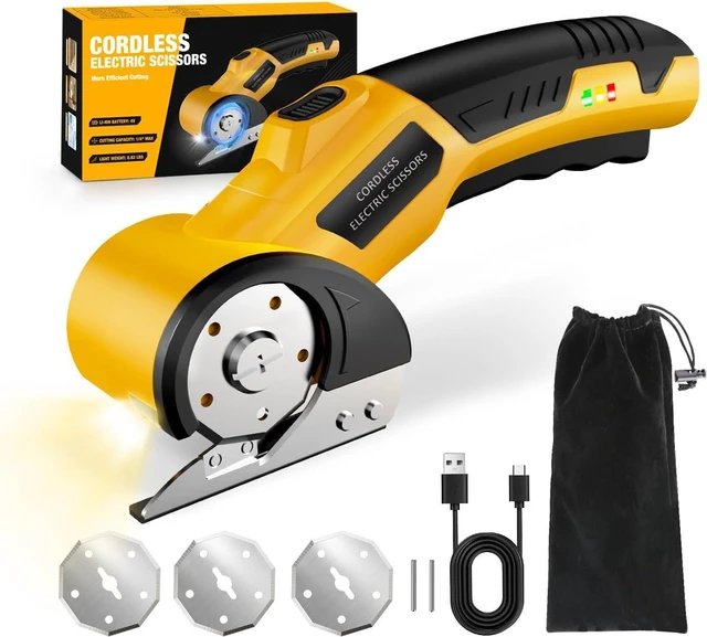 Main image of Cordless Electric Scissors,4V Rechargeable Cardboard Cutter Heavy Duty Scissor with Safety Lock & LED Light for Box Carpet Plastic Fabric(Yellow)