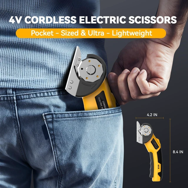 Alt view image 5 of 7 - Cordless Electric Scissors,4V Rechargeable Cardboard Cutter Heavy Duty Scissor with Safety Lock & LED Light for Box Carpet Plastic Fabric(Yellow)