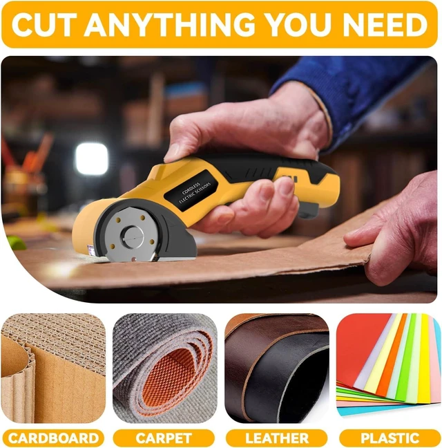 Alt view image 7 of 7 - Cordless Electric Scissors,4V Rechargeable Cardboard Cutter Heavy Duty Scissor with Safety Lock & LED Light for Box Carpet Plastic Fabric(Yellow)