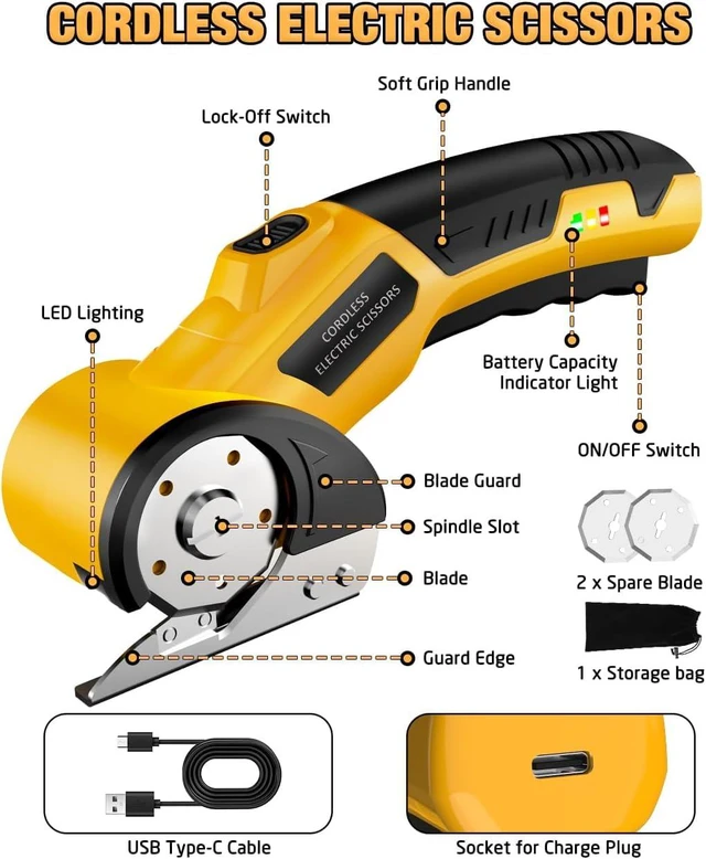 Alt view image 6 of 7 - Cordless Electric Scissors,4V Rechargeable Cardboard Cutter Heavy Duty Scissor with Safety Lock & LED Light for Box Carpet Plastic Fabric(Yellow)