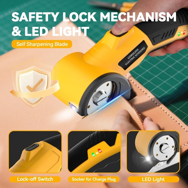 Alt view image 4 of 7 - Cordless Electric Scissors,4V Rechargeable Cardboard Cutter Heavy Duty Scissor with Safety Lock & LED Light for Box Carpet Plastic Fabric(Yellow)
