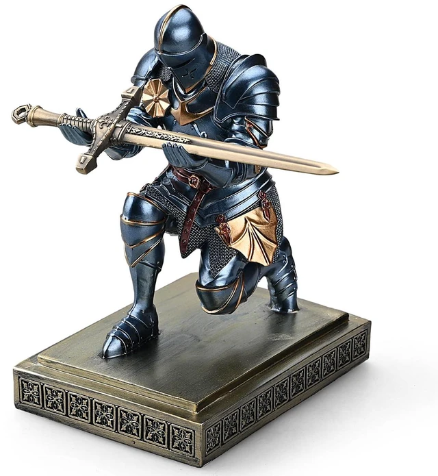 Main image of Medieval Warrior Knight Pen Holder Fun Desk Accessories Paperweight Blue | Armored Pencil Holder, Resin Bookends Decorative, Fancy Kneeling knight Pen Stand with a Cool Letter Opener for Home Office