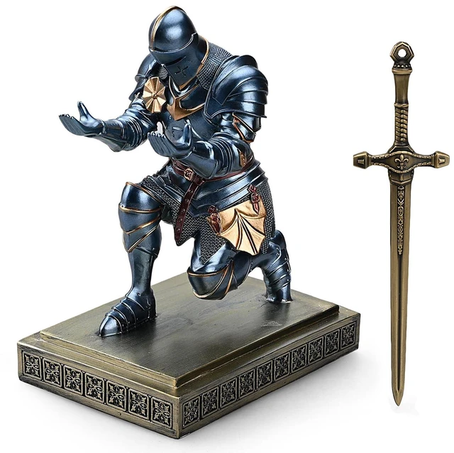Alt view image 2 of 7 - Medieval Warrior Knight Pen Holder Fun Desk Accessories Paperweight Blue | Armored Pencil Holder, Resin Bookends Decorative, Fancy Kneeling knight Pen Stand with a Cool Letter Opener for Home Office