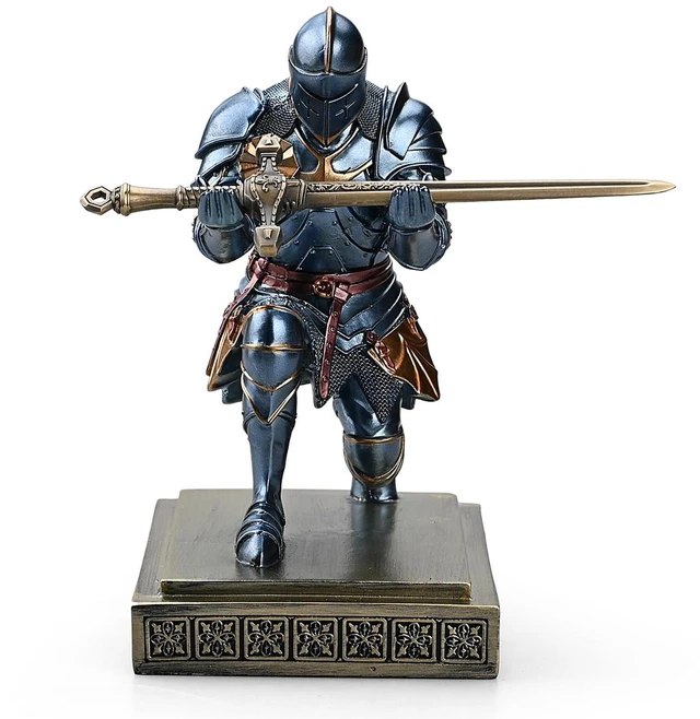 Alt view image 3 of 7 - Medieval Warrior Knight Pen Holder Fun Desk Accessories Paperweight Blue | Armored Pencil Holder, Resin Bookends Decorative, Fancy Kneeling knight Pen Stand with a Cool Letter Opener for Home Office