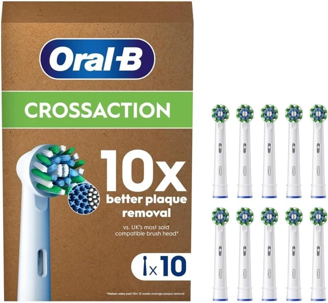 Alt view image 2 of 2 - Pro Pack of 10 Replacement Brush Heads Cross Action, Authentic, White, Deep Cleaning, Round Heads, Tips for Oral B Pro Electric Toothbrushes, Cardboard