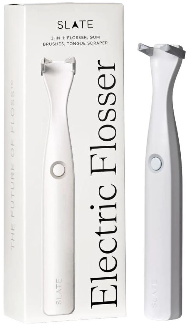 Main image of Origin 3-in-1 Battery-Powered Electric Flosser, Dentist Invented | 3-in-1: Woven Floss + Gum Brushes + Tongue Scraper, The Easy, Effective Way to Floss Daily, Reusable & Non-Toxic Floss Heads
