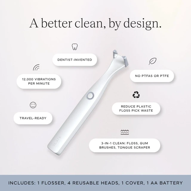 Alt view image 2 of 7 - Origin 3-in-1 Battery-Powered Electric Flosser, Dentist Invented | 3-in-1: Woven Floss + Gum Brushes + Tongue Scraper, The Easy, Effective Way to Floss Daily, Reusable & Non-Toxic Floss Heads