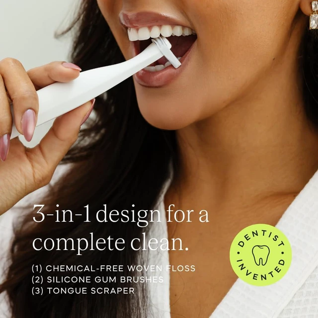 Alt view image 3 of 7 - Origin 3-in-1 Battery-Powered Electric Flosser, Dentist Invented | 3-in-1: Woven Floss + Gum Brushes + Tongue Scraper, The Easy, Effective Way to Floss Daily, Reusable & Non-Toxic Floss Heads
