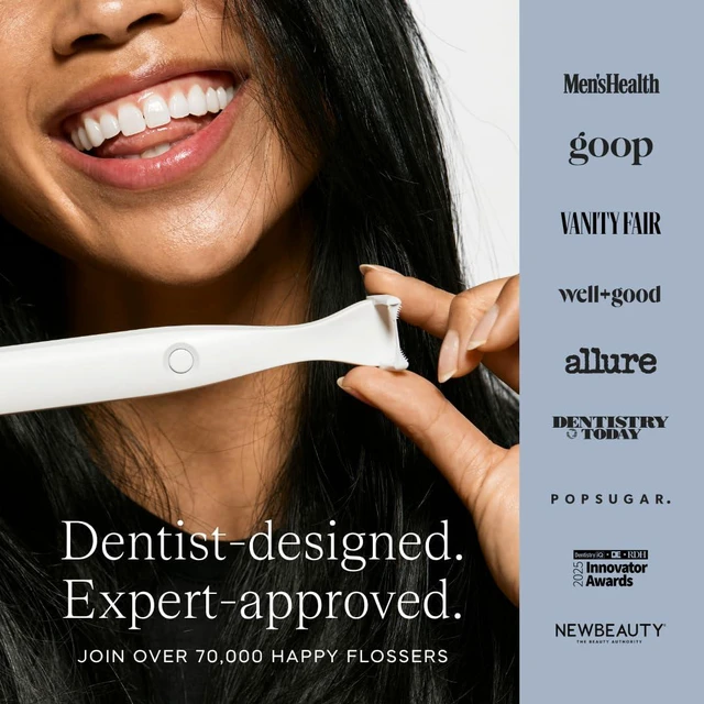 Alt view image 7 of 7 - Origin 3-in-1 Battery-Powered Electric Flosser, Dentist Invented | 3-in-1: Woven Floss + Gum Brushes + Tongue Scraper, The Easy, Effective Way to Floss Daily, Reusable & Non-Toxic Floss Heads