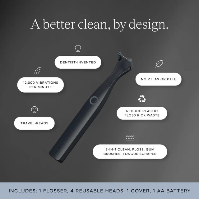 Alt view image 2 of 7 - Origin 3-in-1 Battery-Powered Electric Flosser, Dentist Invented | 3-in-1: Woven Floss + Gum Brushes + Tongue Scraper, The Easy, Effective Way to Floss Daily, Reusable & Non-Toxic Floss Heads