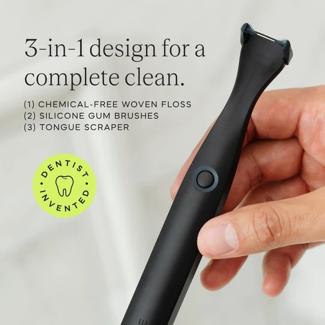 Alt view image 3 of 7 - Origin 3-in-1 Battery-Powered Electric Flosser, Dentist Invented | 3-in-1: Woven Floss + Gum Brushes + Tongue Scraper, The Easy, Effective Way to Floss Daily, Reusable & Non-Toxic Floss Heads