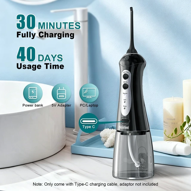 Alt view image 6 of 7 - Water Dental Flosser Teeth Pick - Fast Charge Cordless Teeth Cleaner, 3 Modes Portable Oral Irrigator, IPX7 Waterproof Electric Water Dental Flosser for Tonsil Stone, 300ML Tank