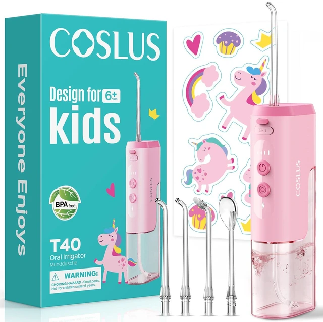 Main image of T40 Portable Water Flosser for Kids, Compact Mini Design for Ages 6+ | 4 Gentle Modes for Braces & Sensitive Teeth, Fun DIY Stickers, 4 Storable Nozzles, Home School & Travel, IPX7, BPA-Free, Pink