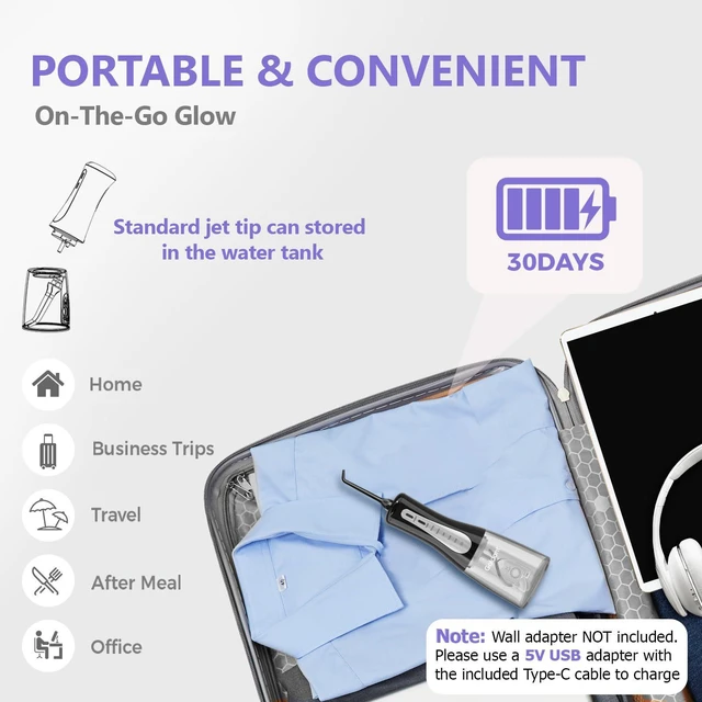 Alt view image 5 of 7 - 2026 New 350ML Water Flosser with Drainage & Storage Stand, Keeps Dry & Clean, 5 Modes, 360°Nozzle, Cordless Rechargeable, IPX7 Waterproof, Portable for Home & Travel (Black)