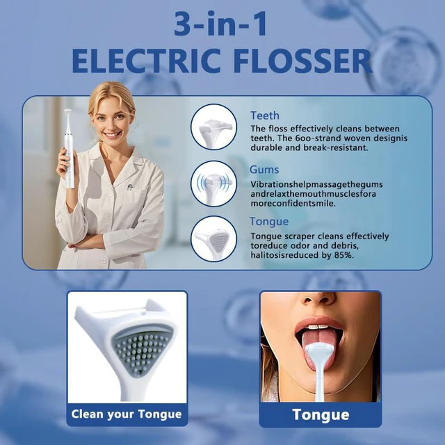 Alt view image 4 of 7 - Electric Dental Flosser - 4 Speed Rechargeable Ultrasonic Electric Flossing with 50 Replacement Heads, Portable Teeth Cleaning Tool for Gentle Gum Care & Tongue Cleaning,Fit Men & Women