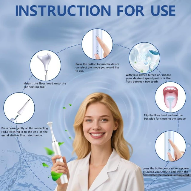 Alt view image 7 of 7 - Electric Dental Flosser - 4 Speed Rechargeable Ultrasonic Electric Flossing with 50 Replacement Heads, Portable Teeth Cleaning Tool for Gentle Gum Care & Tongue Cleaning,Fit Men & Women