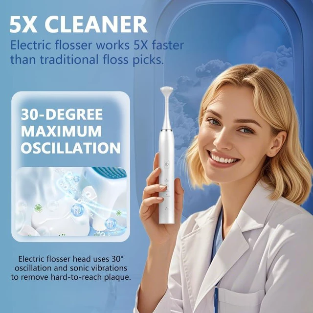 Alt view image 5 of 7 - Electric Dental Flosser - 4 Speed Rechargeable Ultrasonic Electric Flossing with 50 Replacement Heads, Portable Teeth Cleaning Tool for Gentle Gum Care & Tongue Cleaning,Fit Men & Women